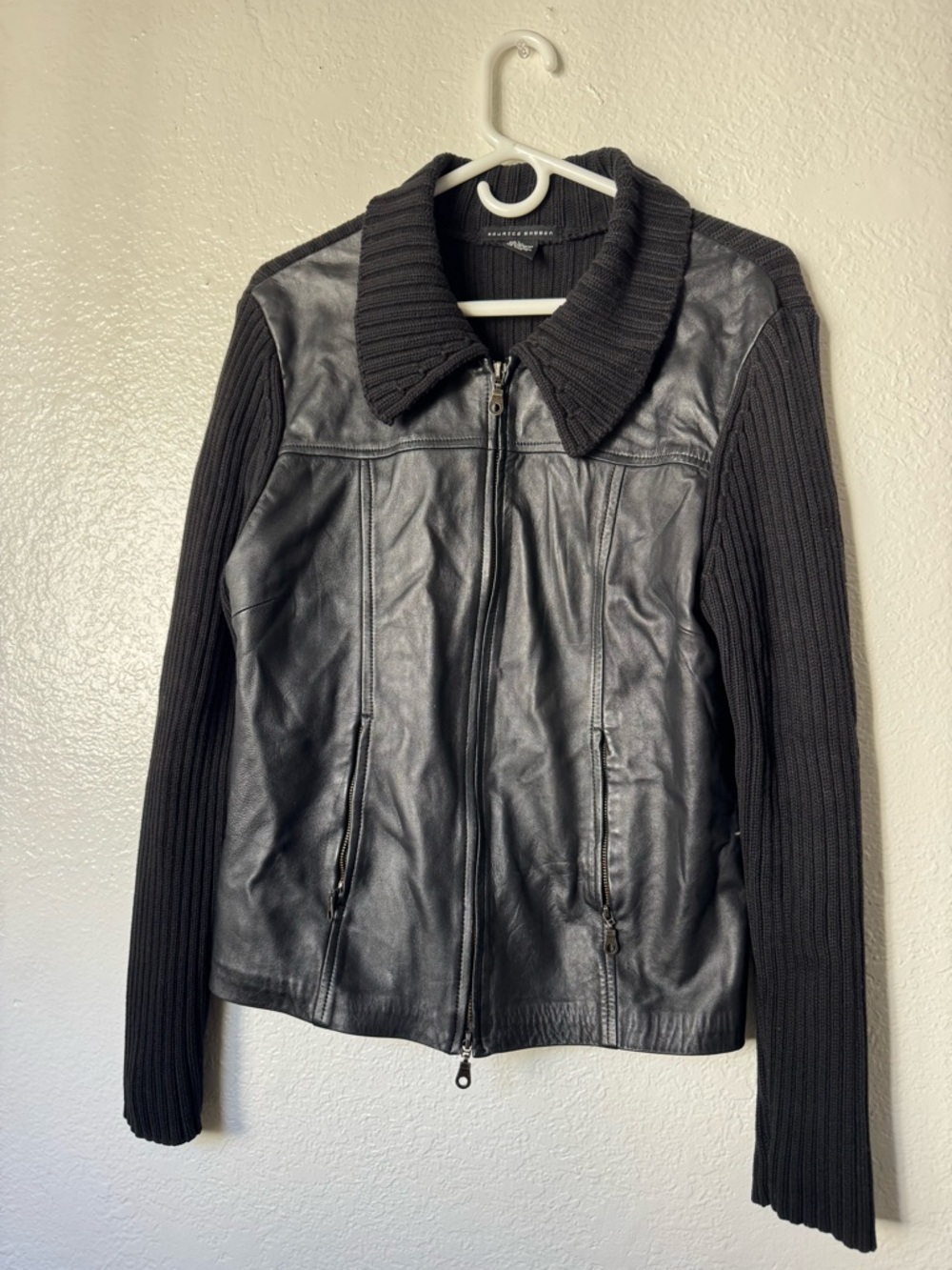 Women’s Black Leather Front Jacket with Knit Sleeves